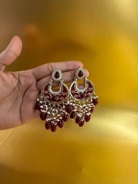 Handmade Red Chandbali Jhumka Earrings - Elegant Women Jewelry